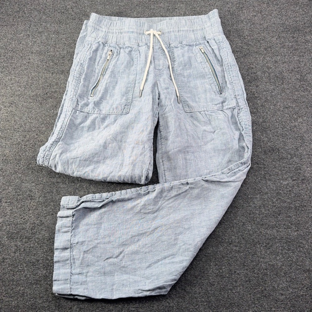 Athleta Cabo Linen Wide Leg Pants 4P Blue Chambray Smocked Waist 100% Linen